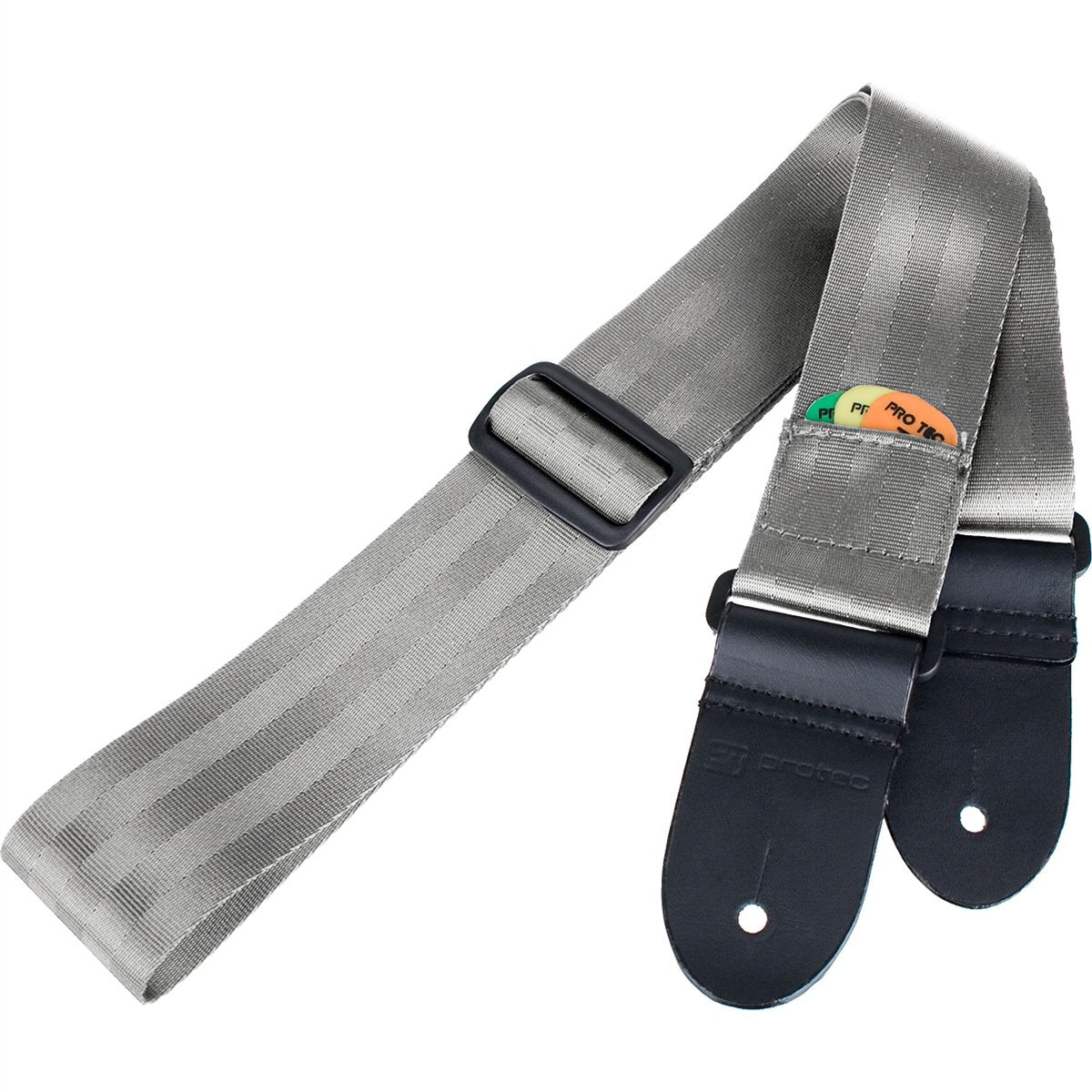 Protec - Nylon Seatbelt Guitar Strap with Leather Ends &amp; Pick Pocket-Accessories-Protec-Silver Grey-Music Elements